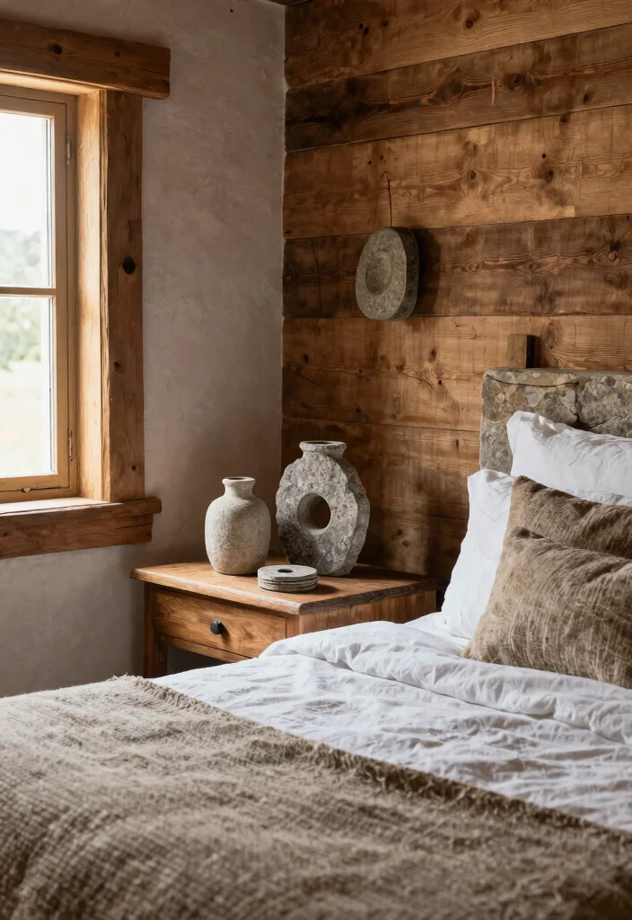 18 Farmhouse Bedroom Decor Ideas on a Budget That Feel Cozy Not Staged - 13. Natural Elements with Wood and Stone 1