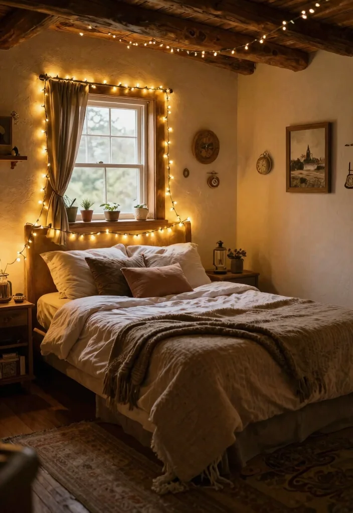 18 Farmhouse Bedroom Decor Ideas on a Budget That Feel Cozy Not Staged - 17. Whimsical String Lights 1