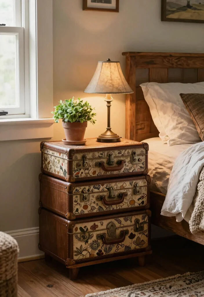 18 Farmhouse Bedroom Decor Ideas on a Budget That Feel Cozy Not Staged - 2. Vintage Suitcase Nightstand 1