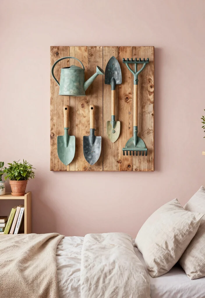 18 Farmhouse Bedroom Decor Ideas on a Budget That Feel Cozy Not Staged - 3. Garden Tool Wall Art 1