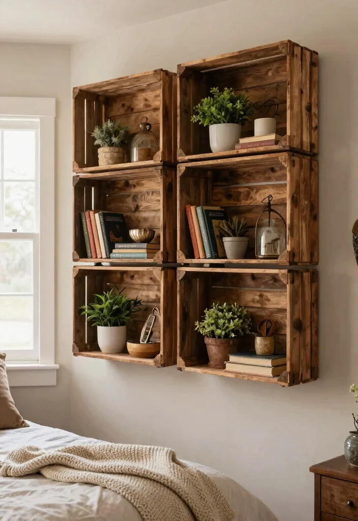 18 Farmhouse Bedroom Decor Ideas on a Budget That Feel Cozy Not Staged - 6. Upcycled Wooden Crates as Shelves 1