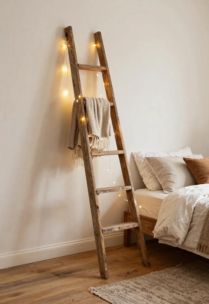 18 Farmhouse Bedroom Decor Ideas on a Budget That Feel Cozy Not Staged - 7. Vintage Ladder as Decor 1