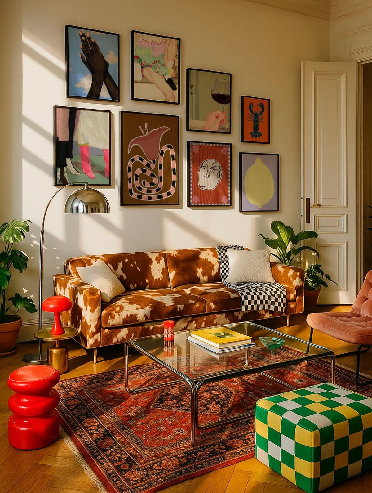 27 Vibey Living Room Aesthetic Ideas Worth Copying 5 Abstract art gallery wall above a patterned sofa in a colorful living room.