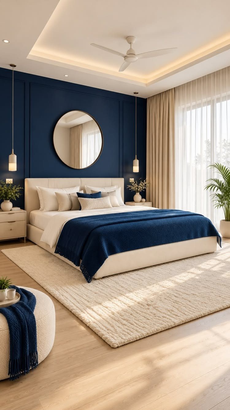 Master Bedroom Interior Design: 16 Ideas for a Better Space 8 Modern master bedroom with a deep blue accent wall and white bed.