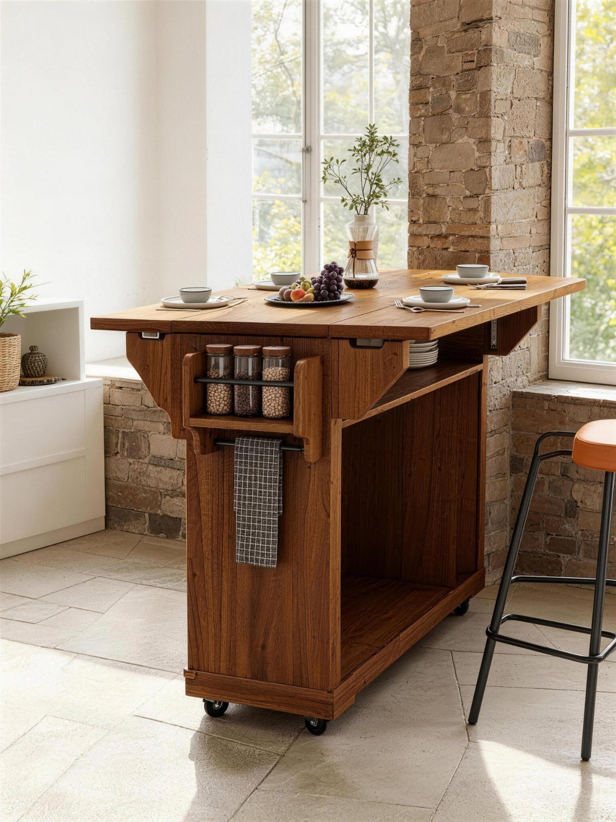 27 Small Kitchen with Fridge Ideas That Maximize Every Inch 15 Wooden kitchen cart with foldable top and storage jars in a bright room.