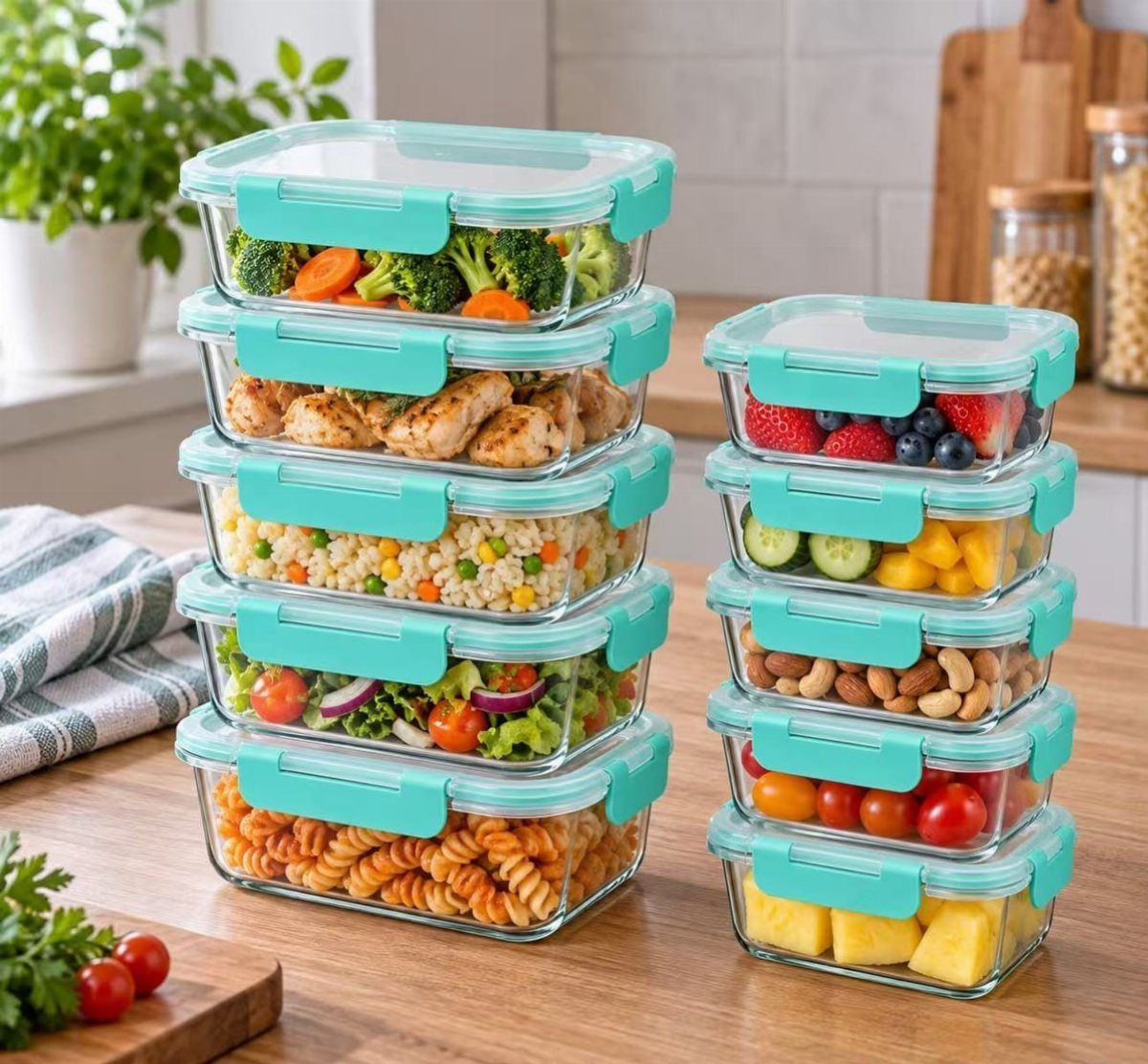 10 Kitchen Storage Container Ideas for Pantry and Fridge 4 Glass food storage containers with teal lids filled with colorful meals on a counter.