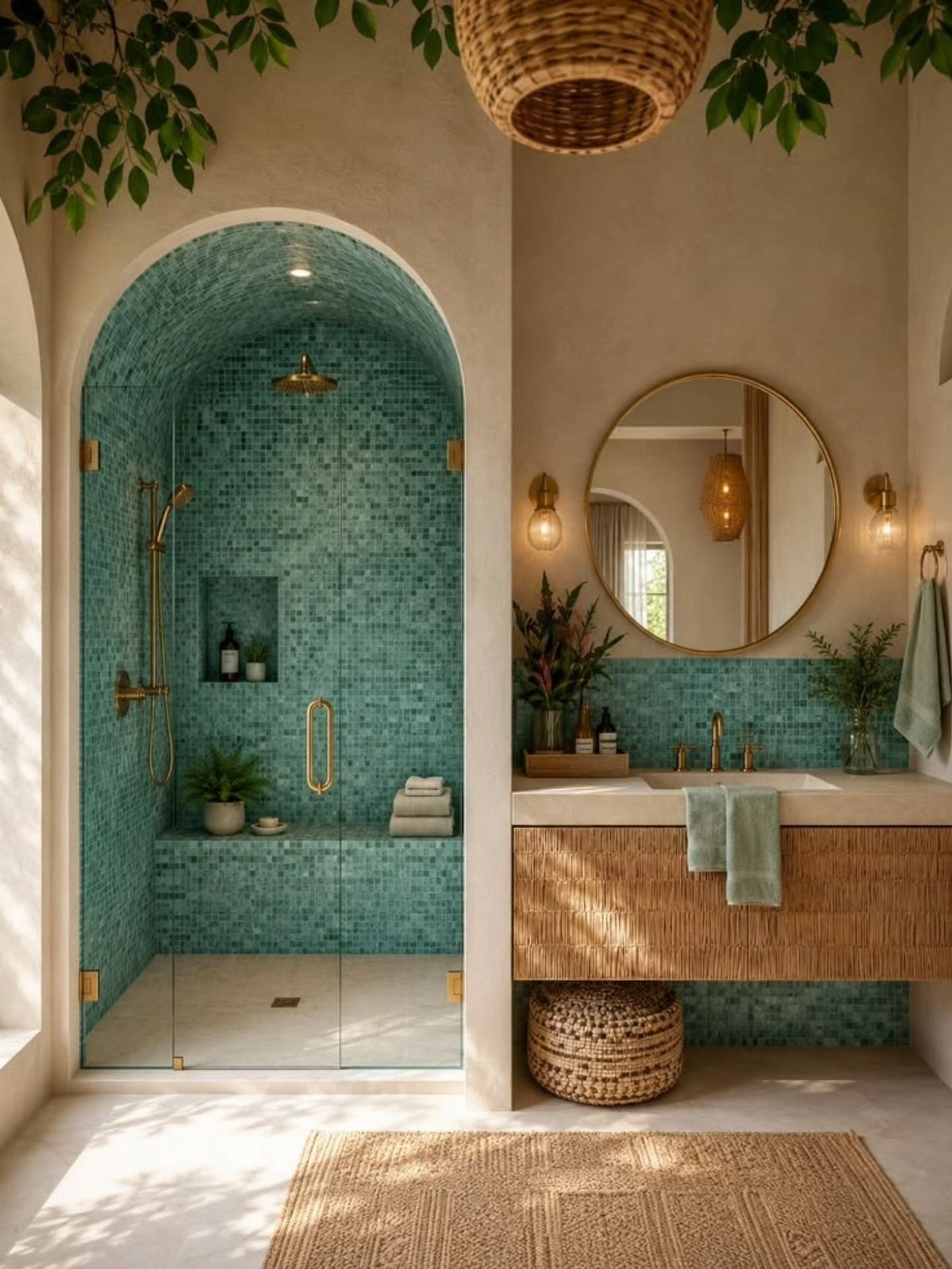 Bathroom Alcove Ideas: 29 Designs for Tubs, Showers & More 22 Teal mosaic tile shower alcove with arched entrance and wooden bathroom vanity