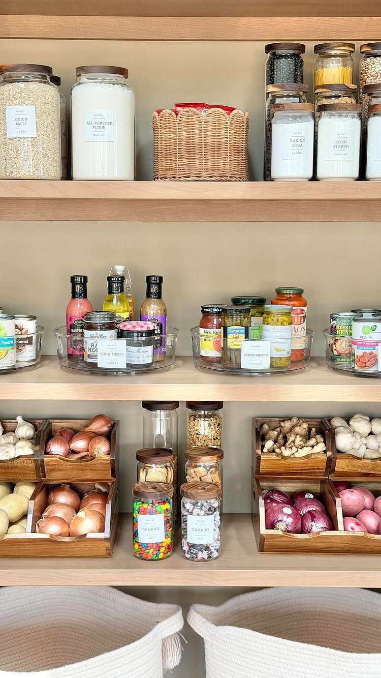 Organized pantry shelves with glass jars, wicker baskets, and wooden crates of vegetables.