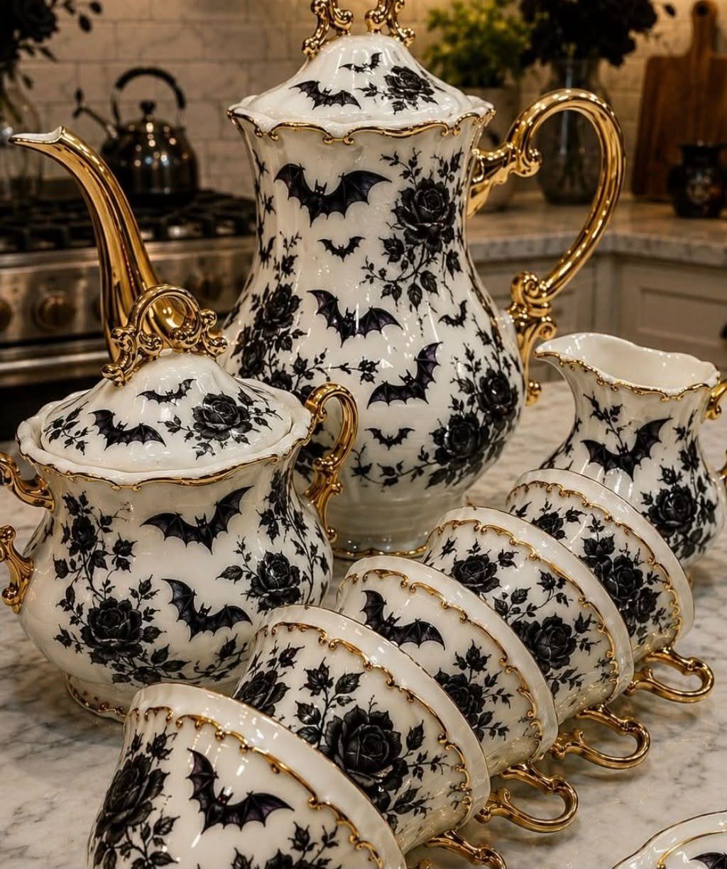 Gothic Tea Set: 24 Dark & Elegant Serving Ideas 3 White porcelain tea set decorated with black bats and roses and gold trim.
