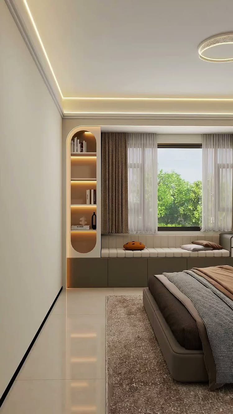 Master Bedroom Interior Design: 16 Ideas for a Better Space 17 Built-in window seat nook with cushions in a modern, neutral-toned master bedroom.