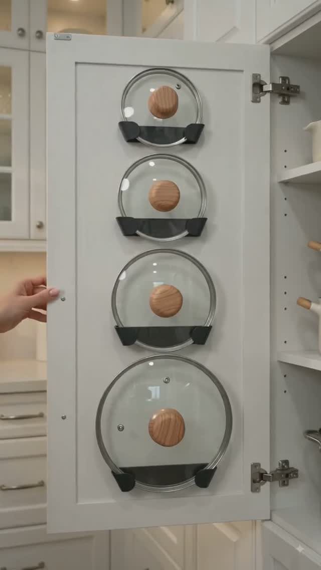 Glass pot lids stored vertically on a white kitchen cabinet door with black holders.