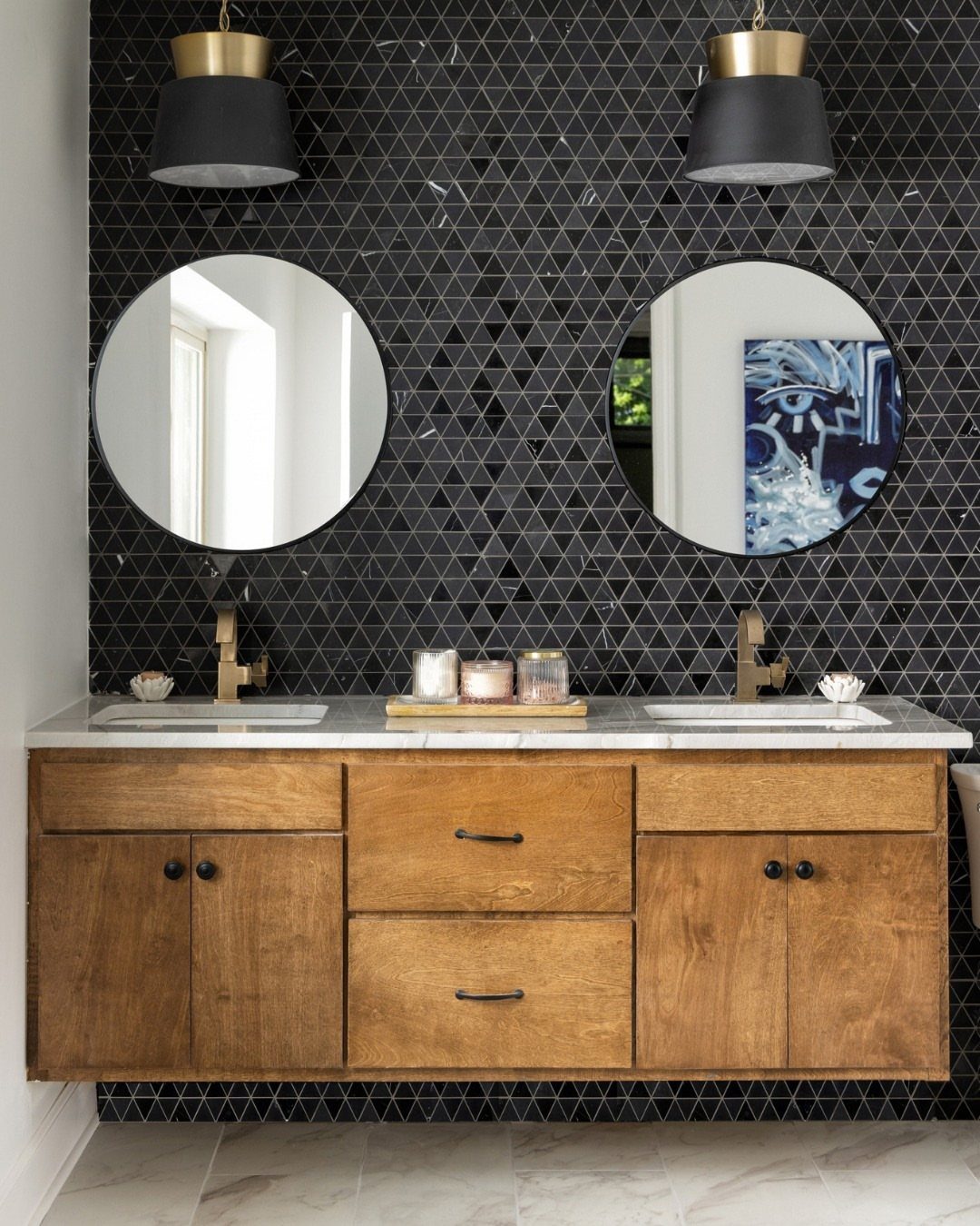 Black Mosaic Tile Bathroom: 14 Designs from Hex to Herringbone 8 Black diamond mosaic tile wall with wooden double vanity and round mirrors