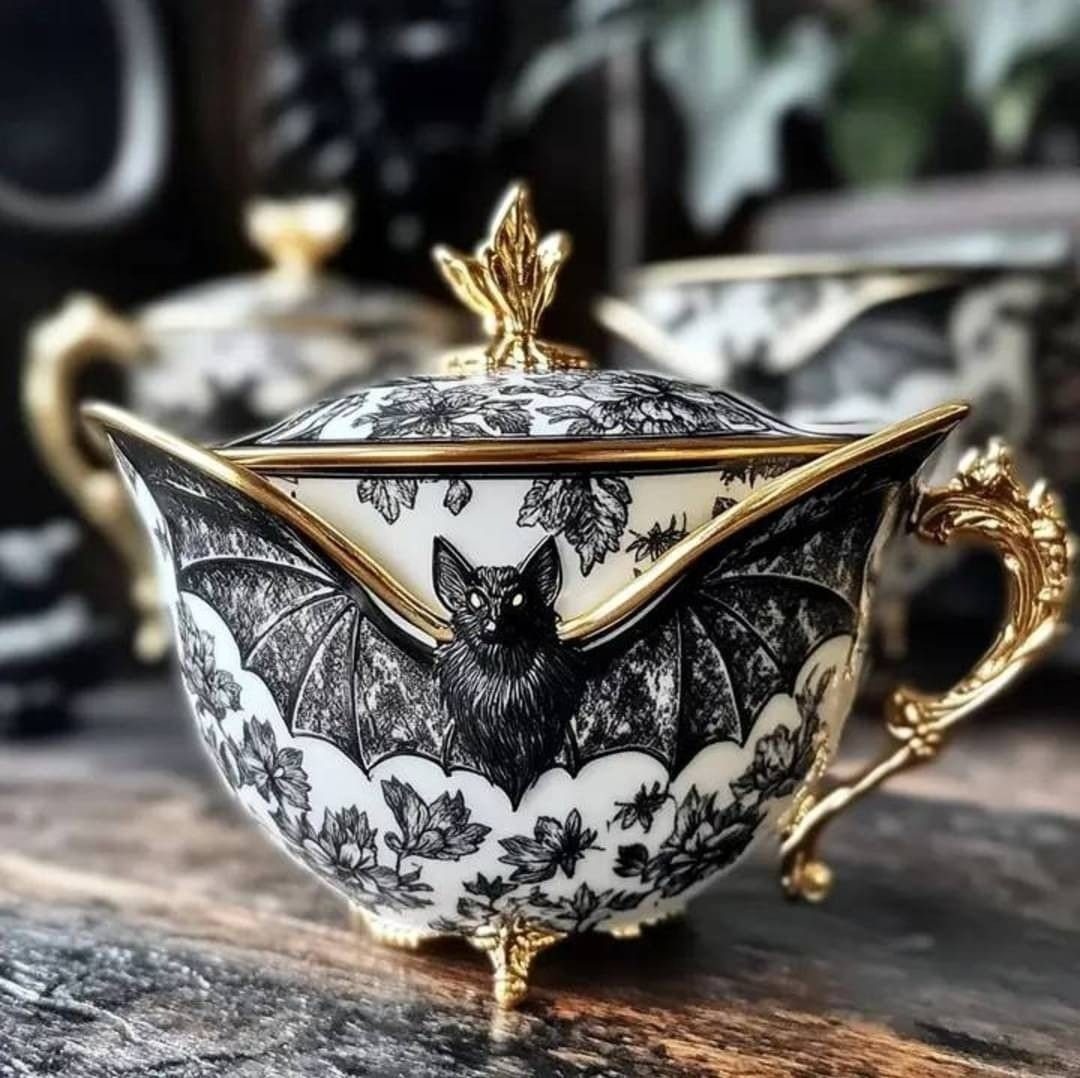 Gothic Tea Set: 24 Dark & Elegant Serving Ideas 18 White porcelain teacup with gold trim featuring a black bat and floral patterns.