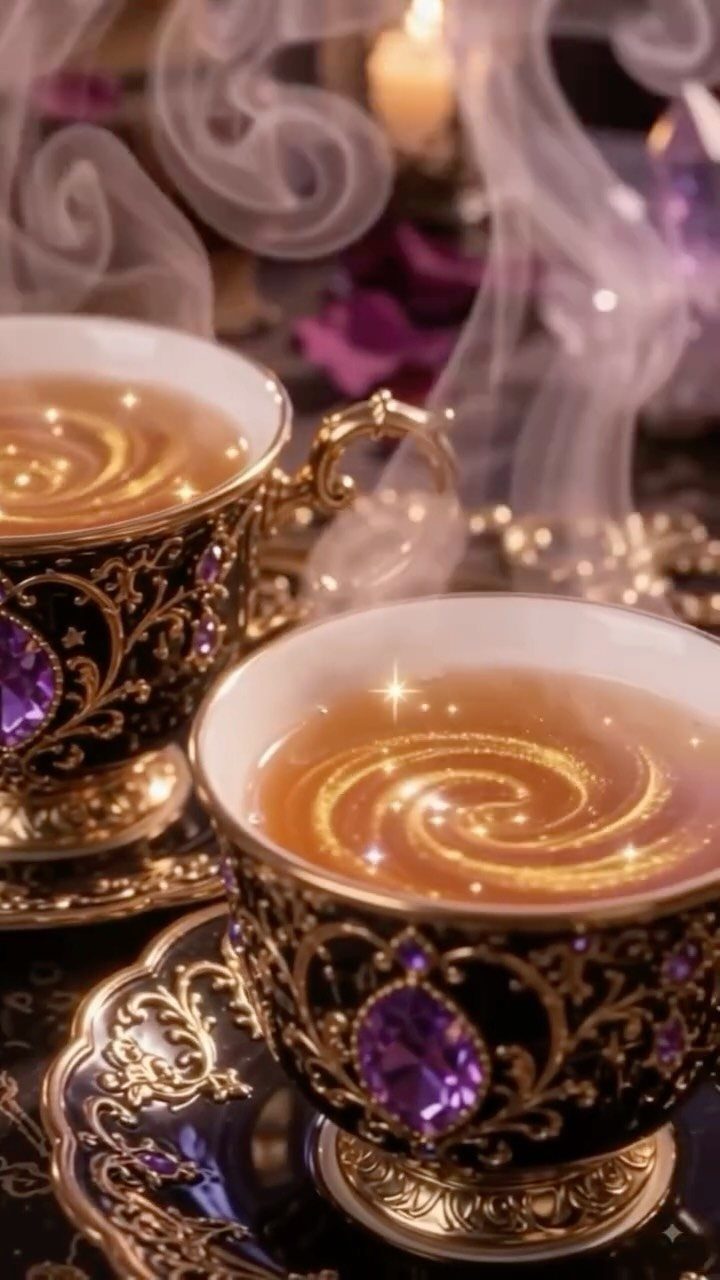 Gothic Tea Set: 24 Dark & Elegant Serving Ideas 5 Ornate black and gold teacups with purple gems and steaming tea on saucers.