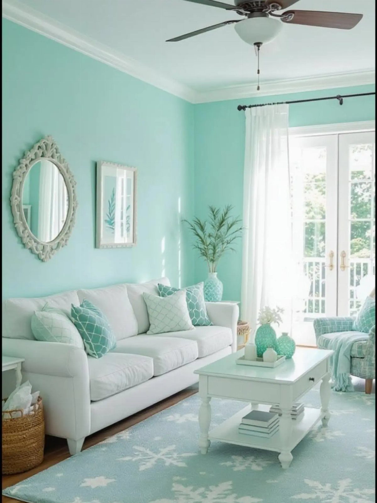 27 Vibey Living Room Aesthetic Ideas Worth Copying 13 Turquoise living room with white sofa, blue accents, and nature wall print.