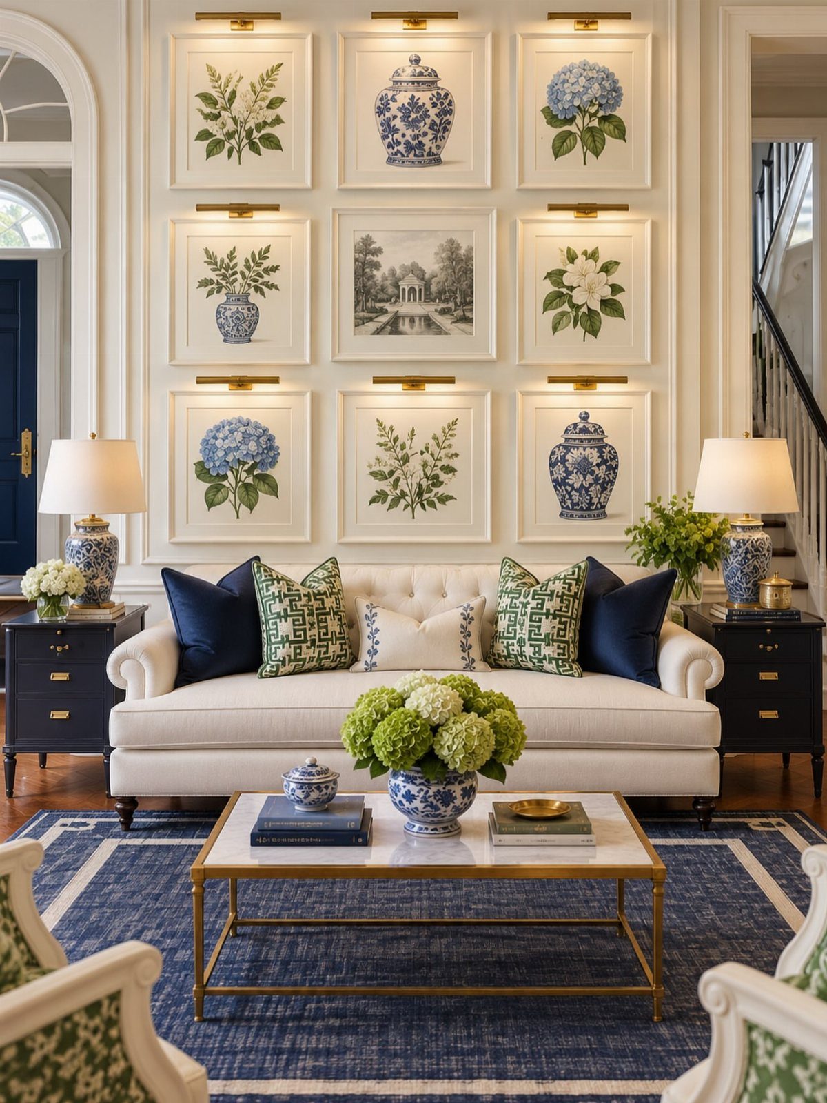 White sofa and blue rug in a living room with framed wall art.