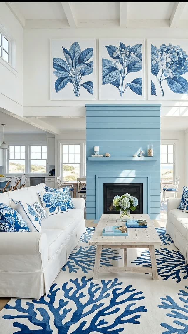 12 Blue White Living Room Ideas with Photos and Styling Tips 2 Blue and white coral patterned rug in a bright coastal living room