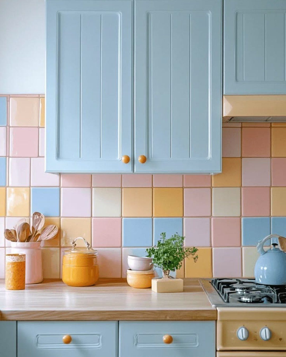 21 Kitchen Interior Colors for 2026 (White, Green & More) 12 Light blue kitchen cabinets and yellow accents against a colorful tiled backsplash.