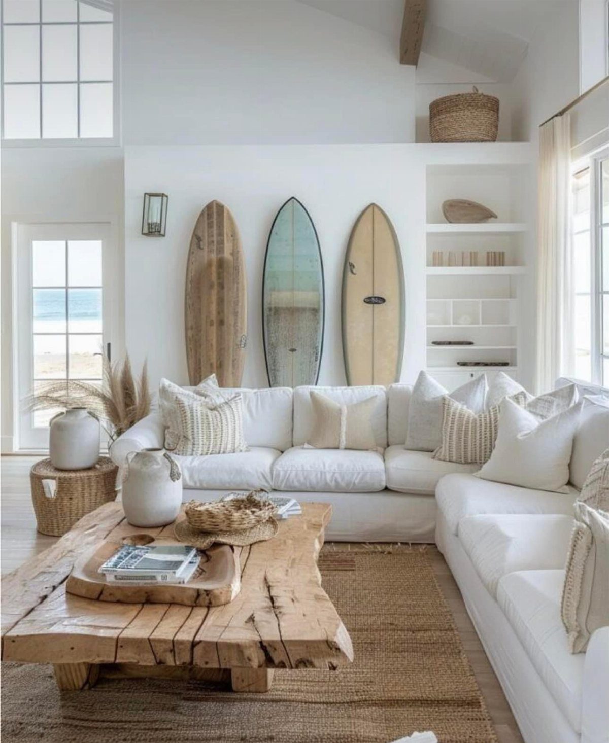27 Vibey Living Room Aesthetic Ideas Worth Copying 26 Live-edge reclaimed wood coffee table in a bright living room with white sofas.