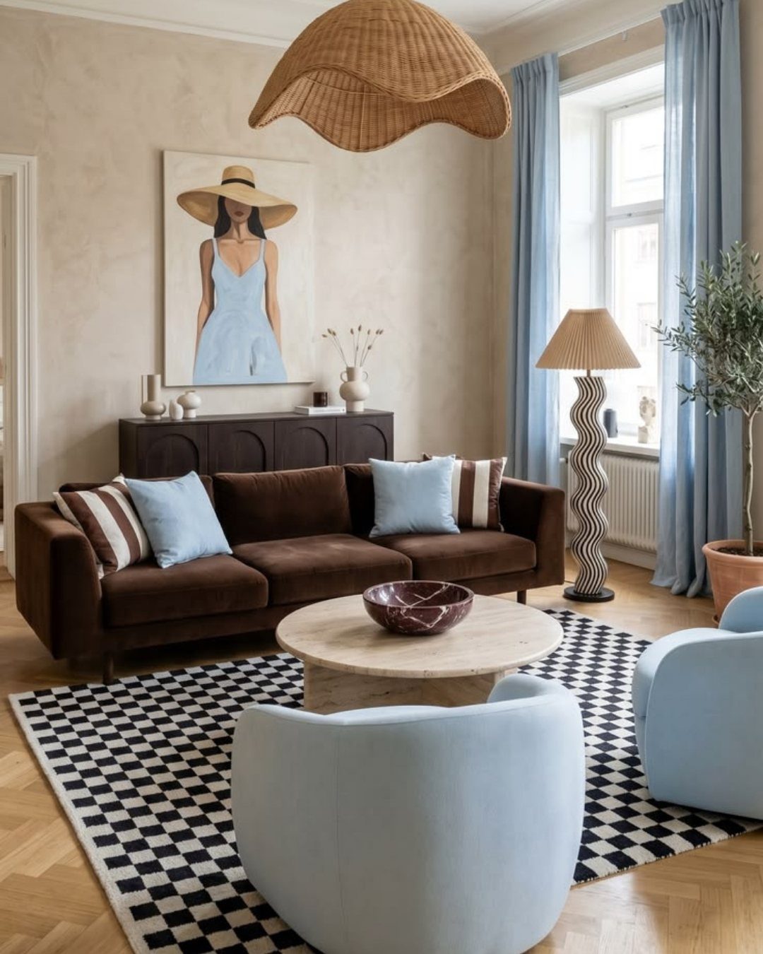 Brown sofa and blue armchairs in a living room with blue curtains and woven lamp.