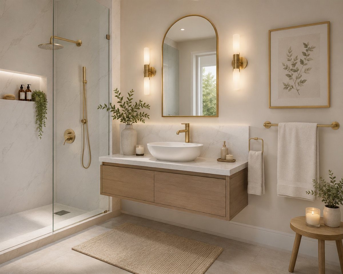 Bathroom Alcove Ideas: 29 Designs for Tubs, Showers & More 16 Brushed gold towel bar holding a white towel in a modern bathroom.