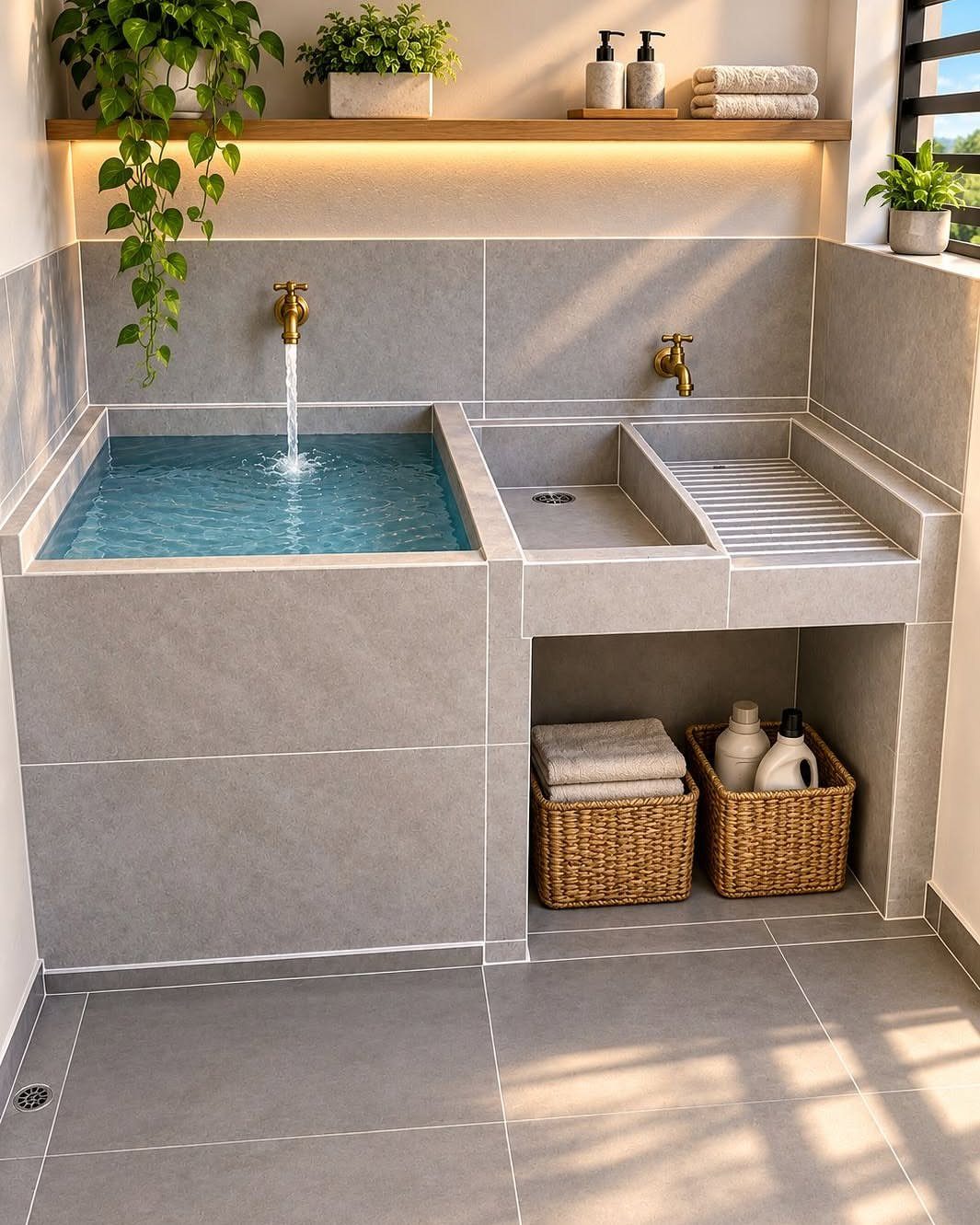 Bathroom Alcove Ideas: 29 Designs for Tubs, Showers & More 27 Modern grey tiled bathroom alcove with built-in basins and wicker storage baskets.
