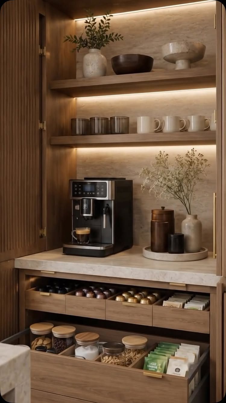 Wall Mounted Coffee Bar: 23 Stylish Space-Saving Ideas 20 Built-in wooden coffee bar with espresso machine, floating shelves, and pod storage drawers.