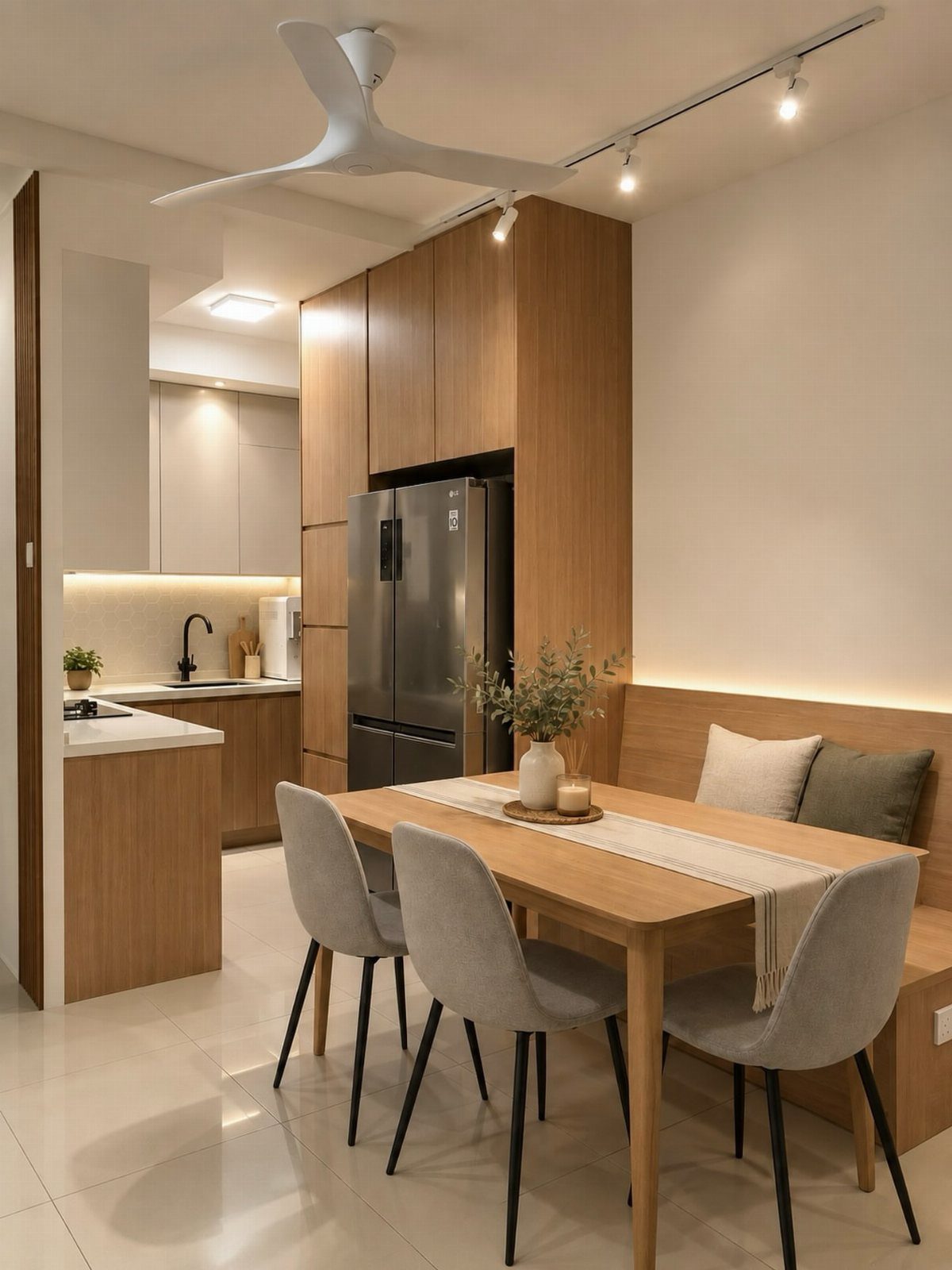 Modern small kitchen and dining area with built-in wooden cabinetry and bench seating.