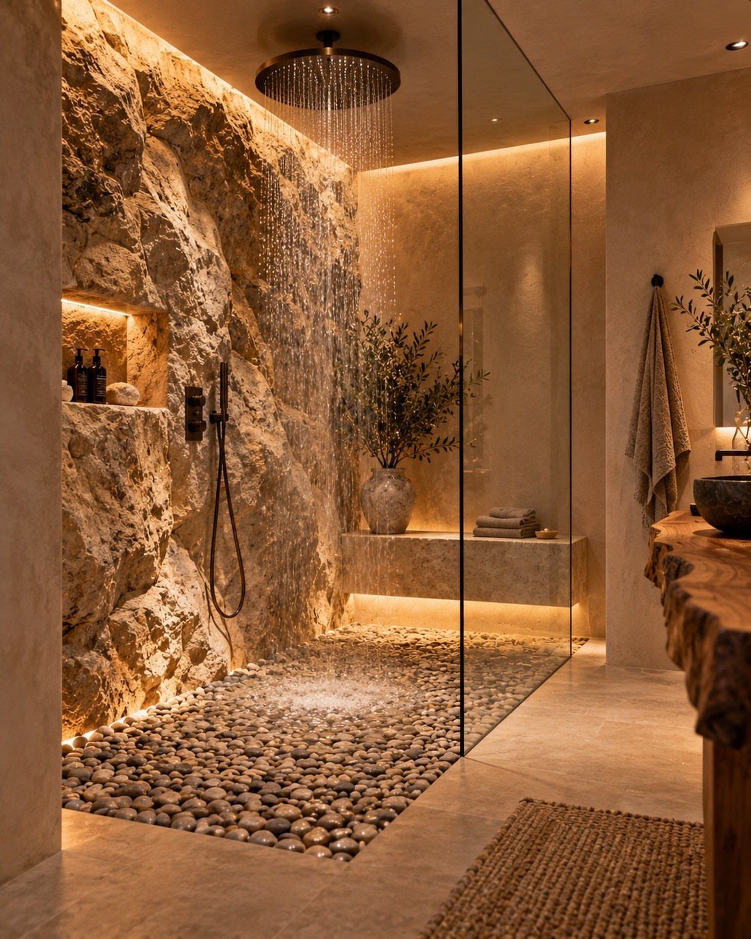Bathroom Alcove Ideas: 29 Designs for Tubs, Showers & More 23 Luxury walk-in shower with a stone wall, pebble floor, and recessed storage alcove.