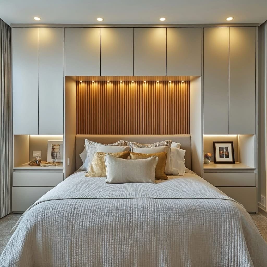 Master Bedroom Interior Design: 16 Ideas for a Better Space 10 Modern bedroom with built-in beige storage cabinets surrounding a bed and wooden slatted wall.
