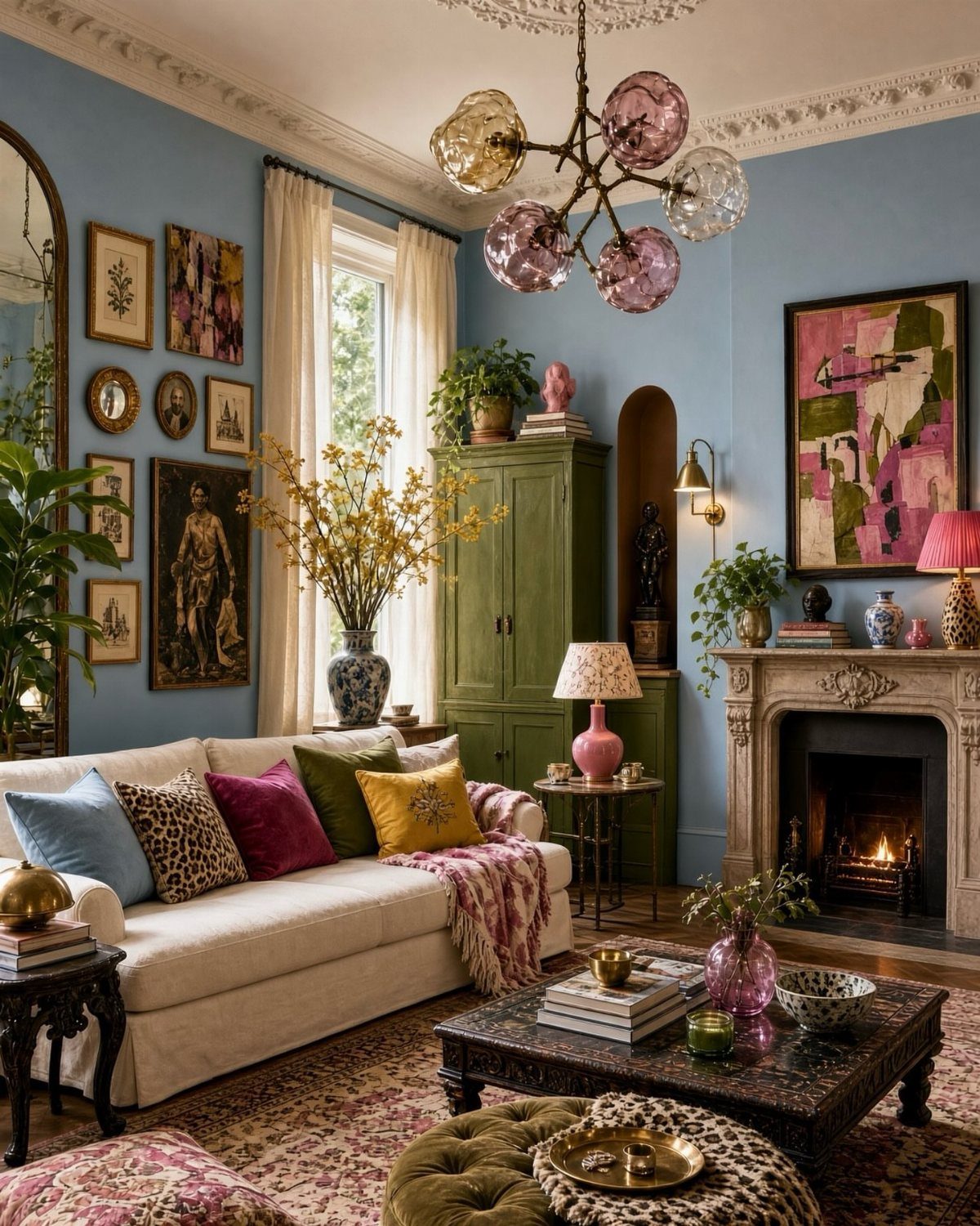 27 Vibey Living Room Aesthetic Ideas Worth Copying 20 Maximalist living room with blue walls, white sofa, and eclectic art gallery wall.