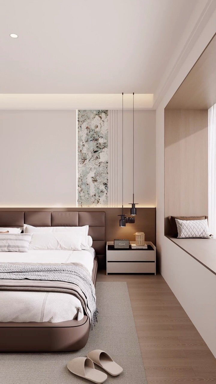 Master Bedroom Interior Design: 16 Ideas for a Better Space 7 Modern master bedroom with brown upholstered bed, white linens, and minimalist neutral decor.