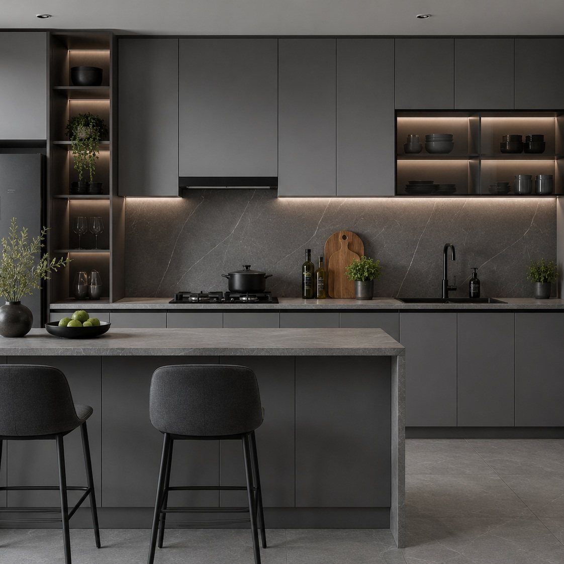 21 Kitchen Interior Colors for 2026 (White, Green & More) 15 Modern kitchen with charcoal gray cabinets, light gray stone countertops, and matching gray stools.