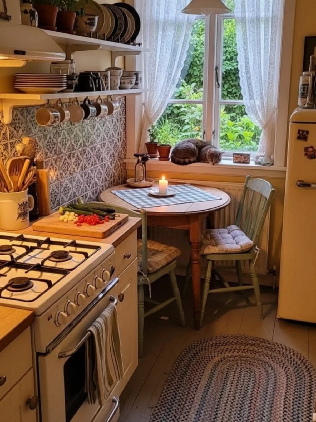 27 Small Kitchen with Fridge Ideas That Maximize Every Inch 11 Cozy small kitchen with retro cream refrigerator, wooden table, and cat on windowsill.