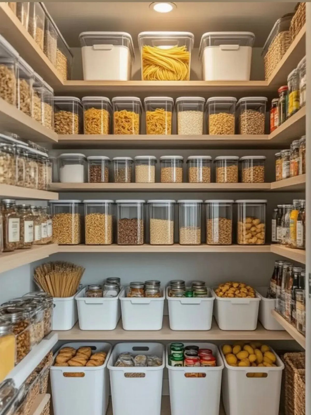 32 Simply Kitchen Design Ideas for a Clean, Modern Space 30 Clear plastic containers and white bins organizing dry goods on wooden pantry shelves.