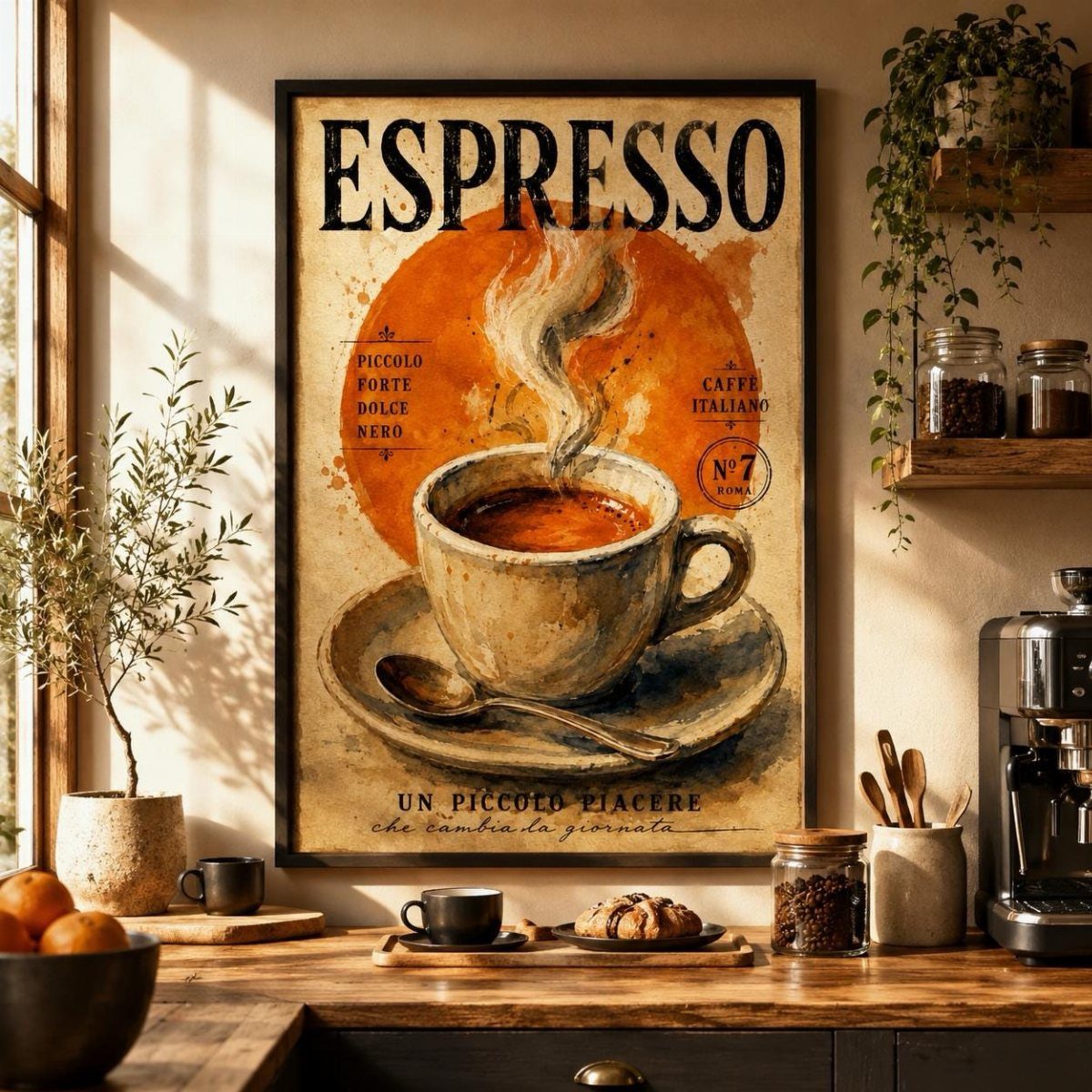 Coffee station with a large vintage espresso painting hanging on the wall above.