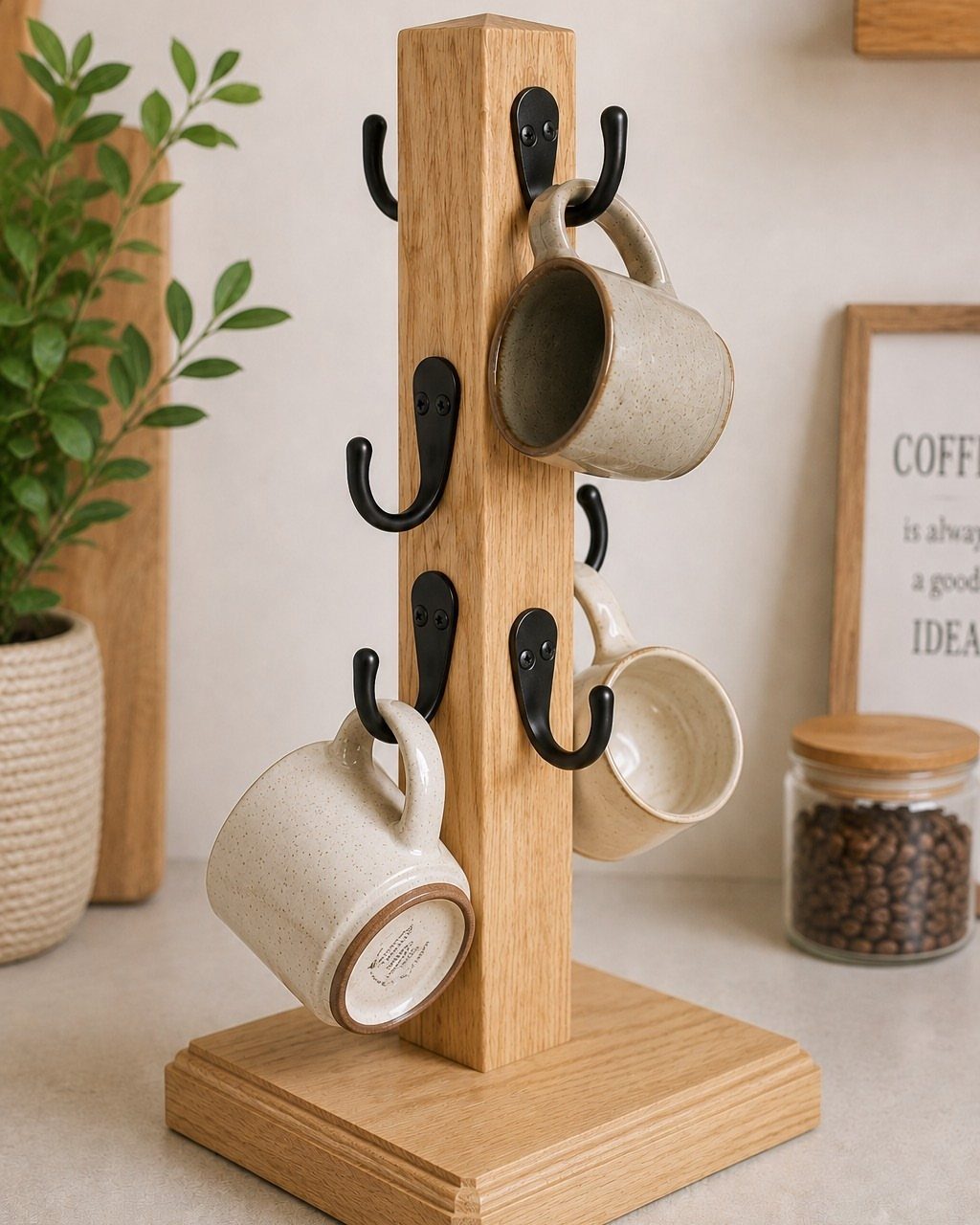 Wooden mug tree holding ceramic mugs next to coffee beans and a plant.