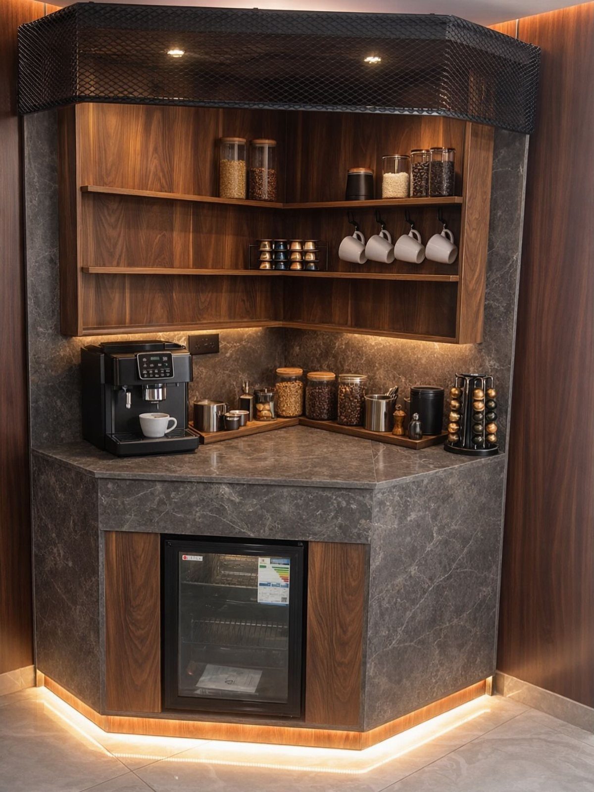 Wall Mounted Coffee Bar: 23 Stylish Space-Saving Ideas 12 Coffee bar with marble countertop, wooden shelves, and a built-in wine cooler below.