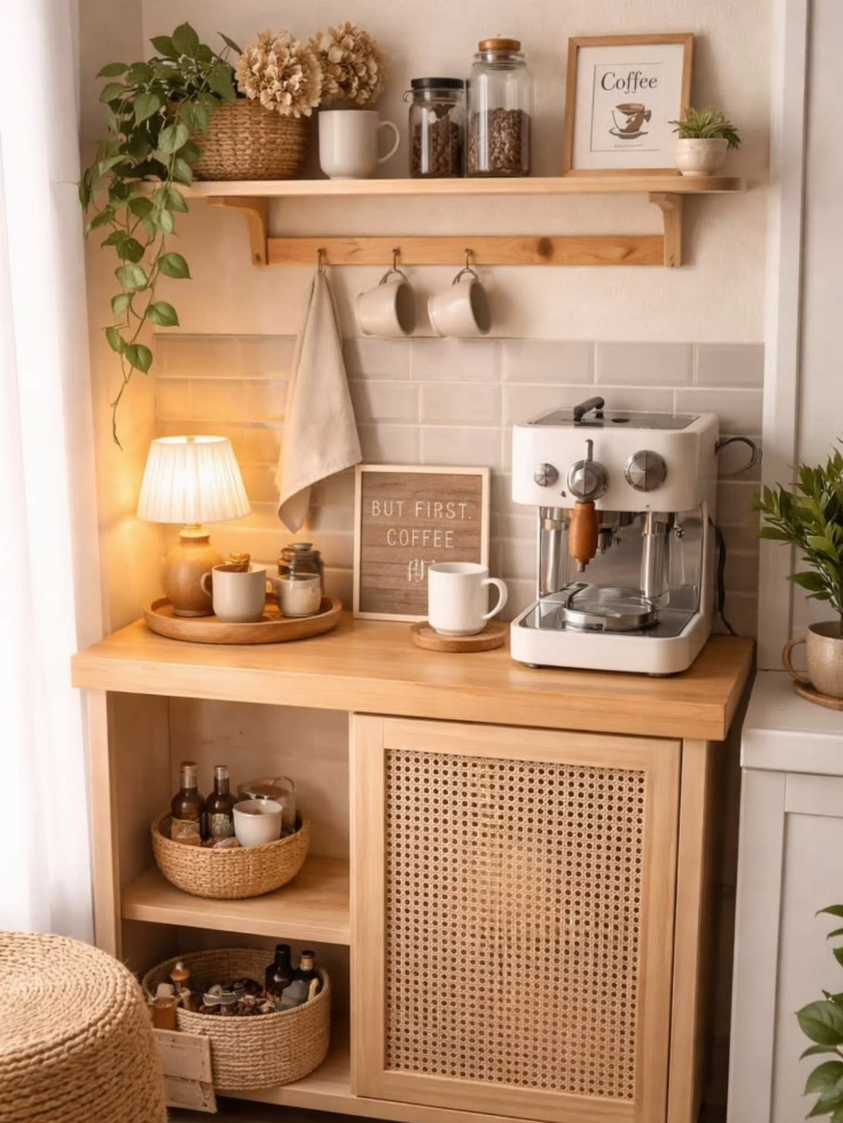 Light wood coffee nook with espresso machine, floating shelf, and woven storage baskets.