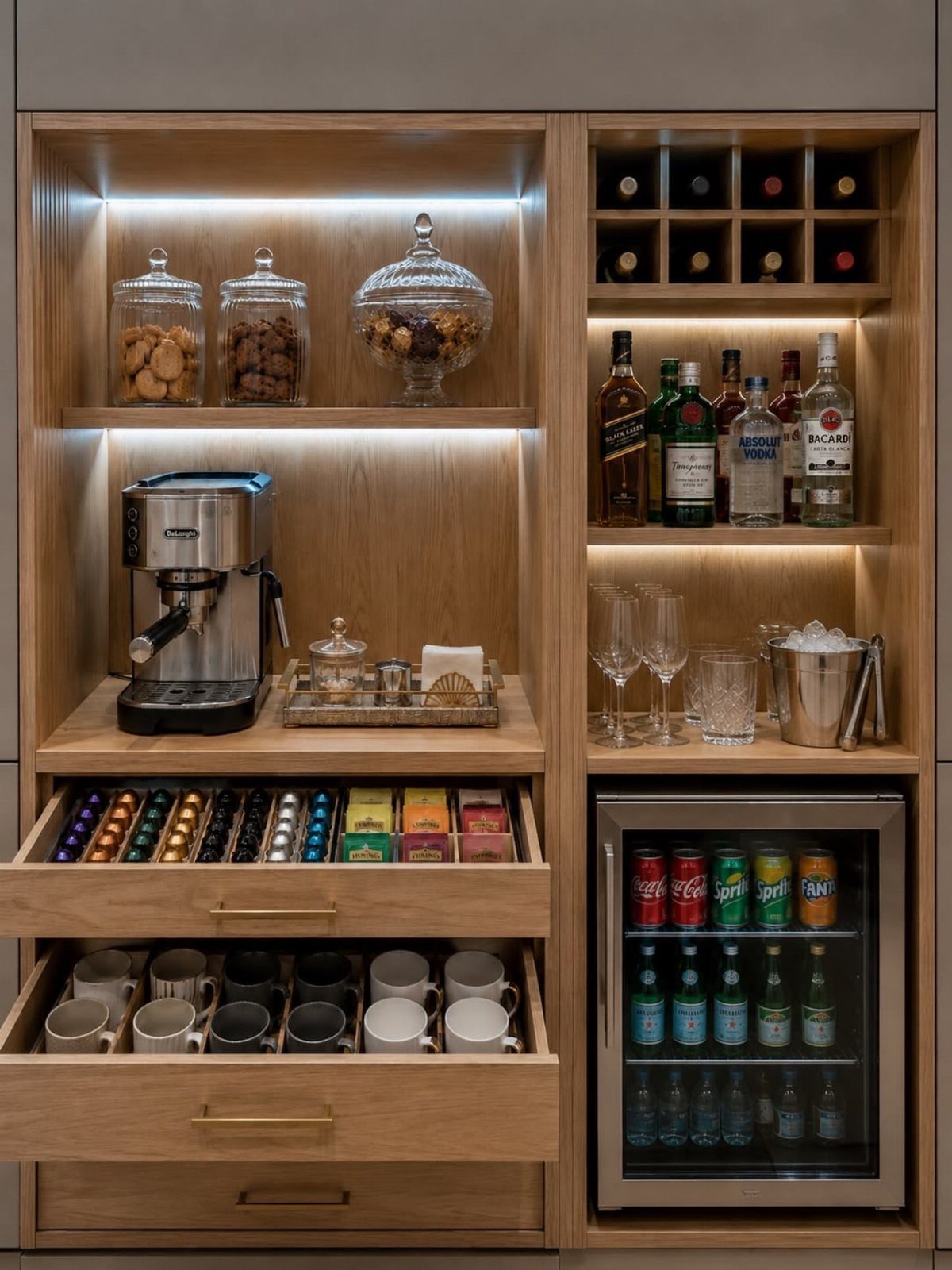 Built-in wooden coffee station with espresso machine, pod drawers, and beverage refrigerator.