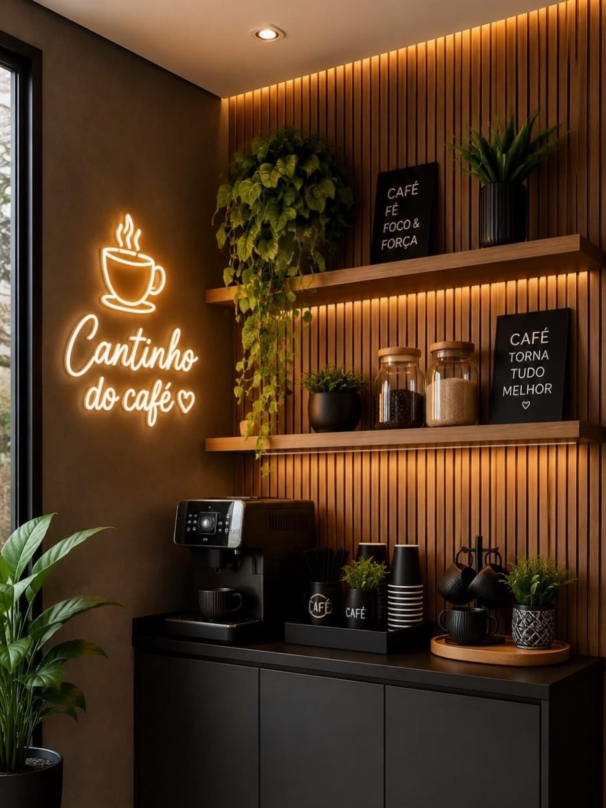 Wall Mounted Coffee Bar: 23 Stylish Space-Saving Ideas 11 Modern coffee wall display with floating shelves, neon sign, and black coffee machine.