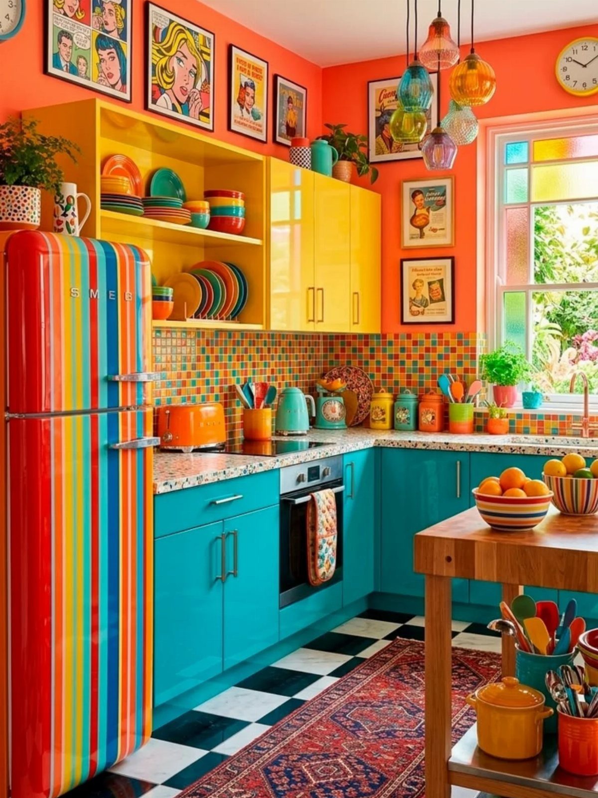 27 Small Kitchen with Fridge Ideas That Maximize Every Inch 22 Rainbow-striped refrigerator in a colorful kitchen with yellow and turquoise cabinets and orange walls.