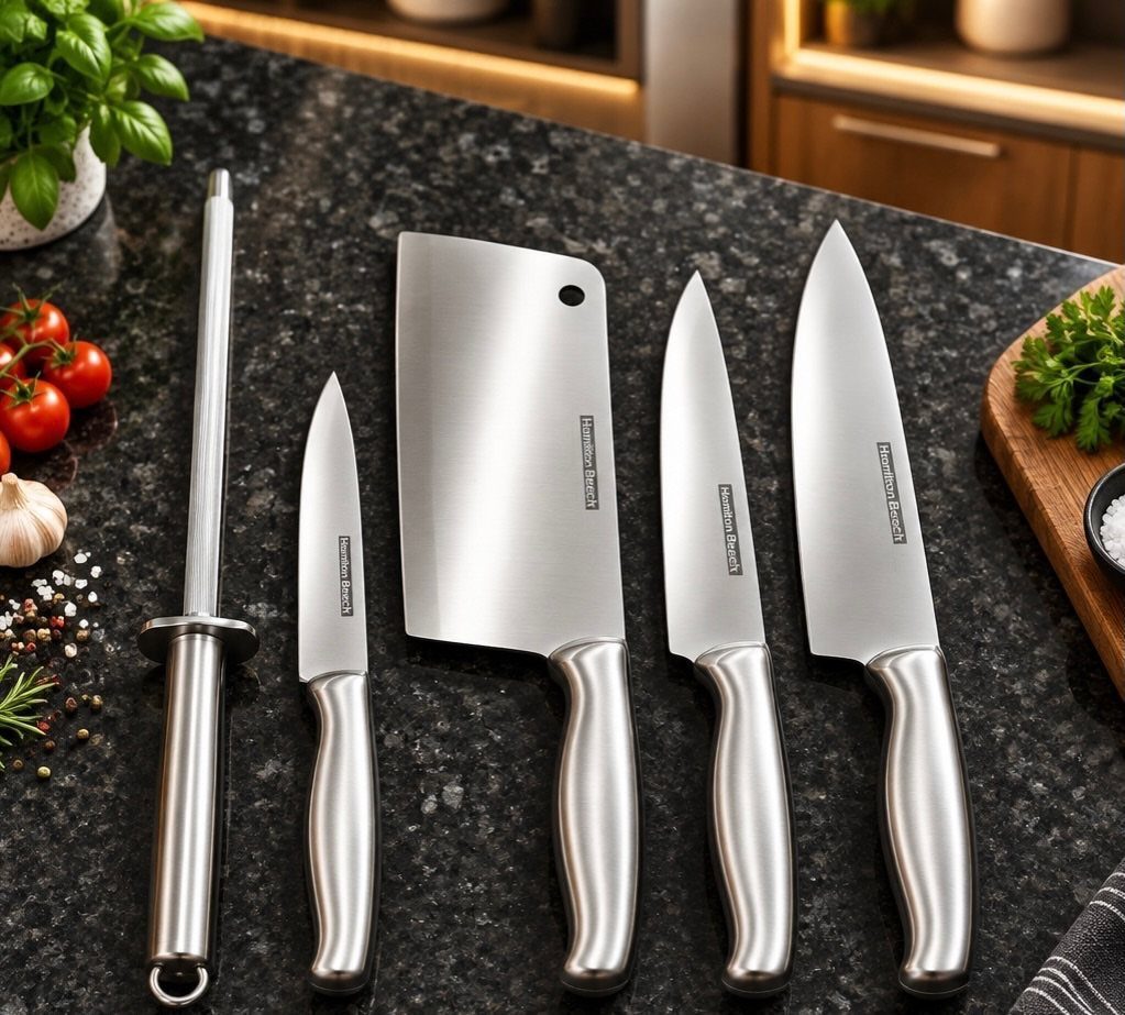 Small Kitchen Essentials: 13 Tools That Actually Matter 10 Stainless steel knife set and honing steel on a dark granite kitchen countertop.
