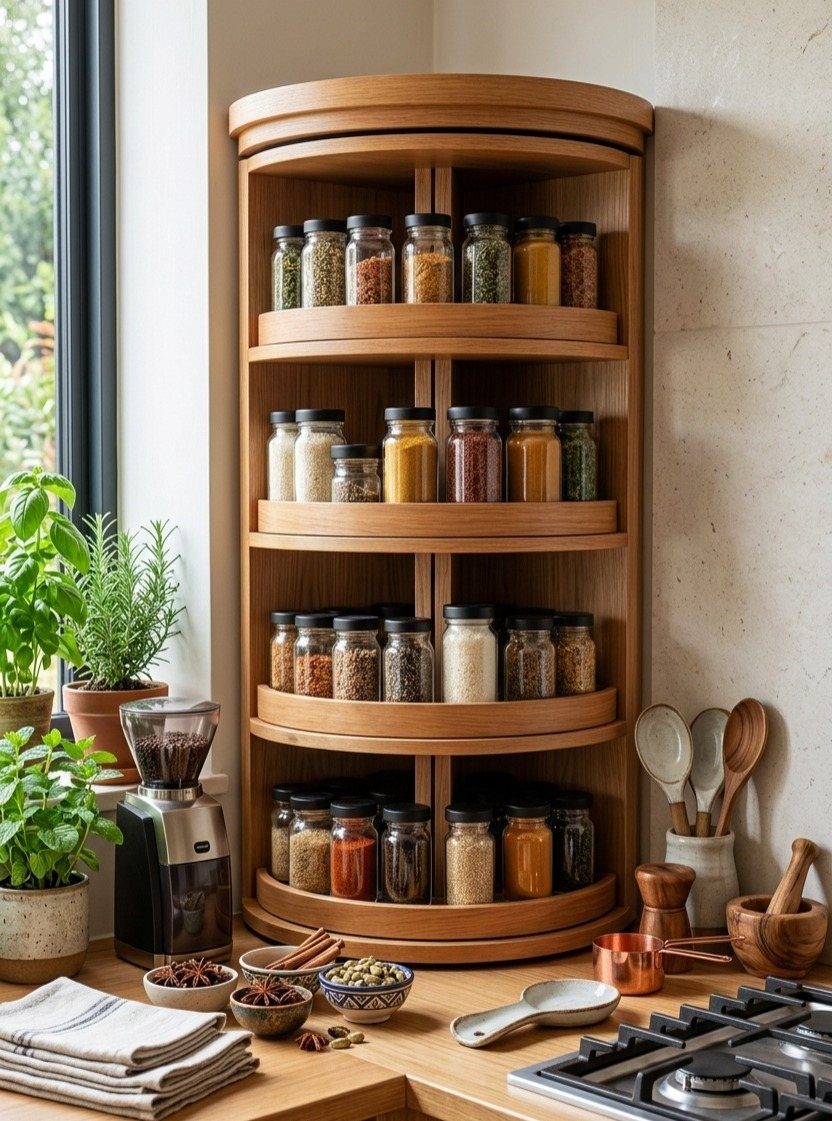32 Simply Kitchen Design Ideas for a Clean, Modern Space 27 Wooden rotating corner carousel filled with spice jars in a bright kitchen setting.