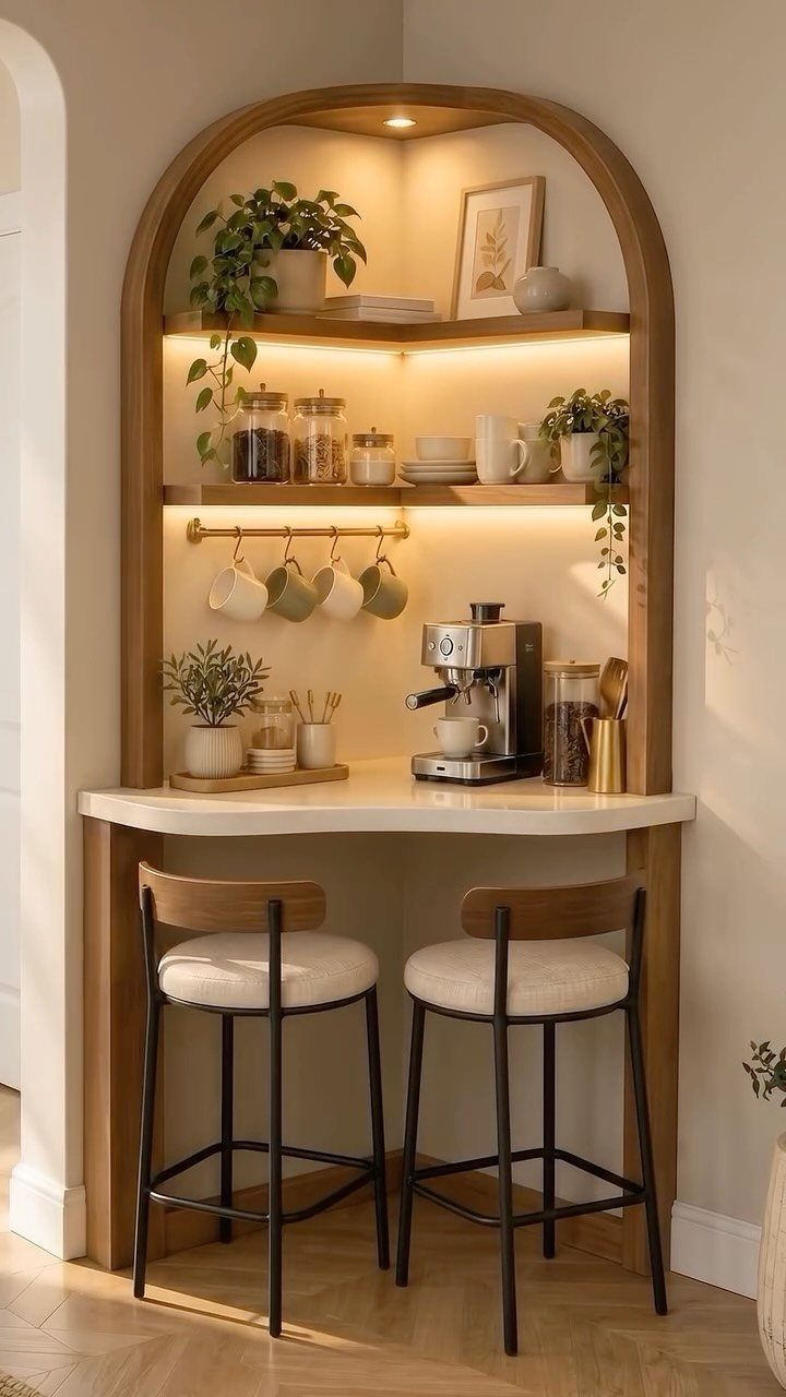 Wall Mounted Coffee Bar: 23 Stylish Space-Saving Ideas 19 Arched wooden corner coffee bar with espresso machine, shelving, and two bar stools.