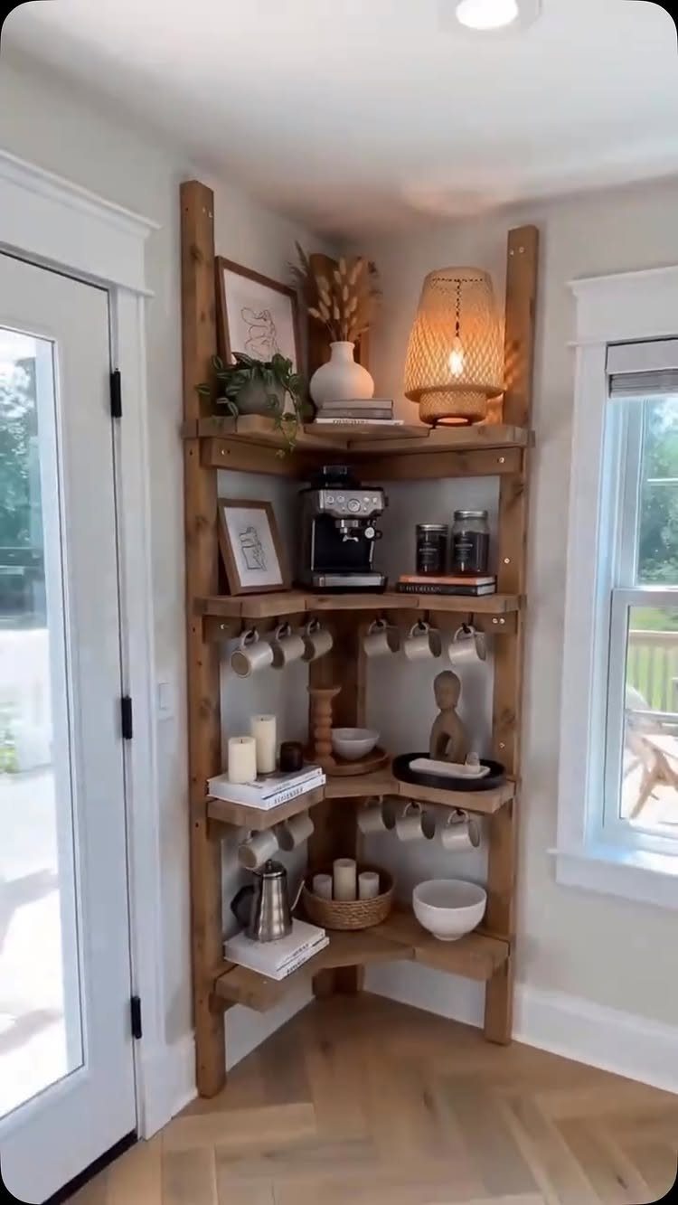 Wall Mounted Coffee Bar: 23 Stylish Space-Saving Ideas 22 Corner wall mounted wooden coffee bar with espresso machine, hanging mugs, and decor.