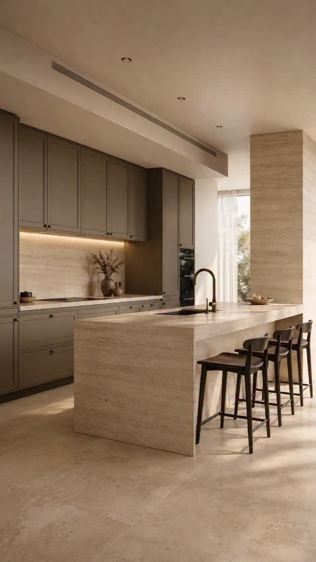 21 Kitchen Interior Colors for 2026 (White, Green & More) 8 Modern kitchen with taupe cabinets and a large cream stone island with black stools.