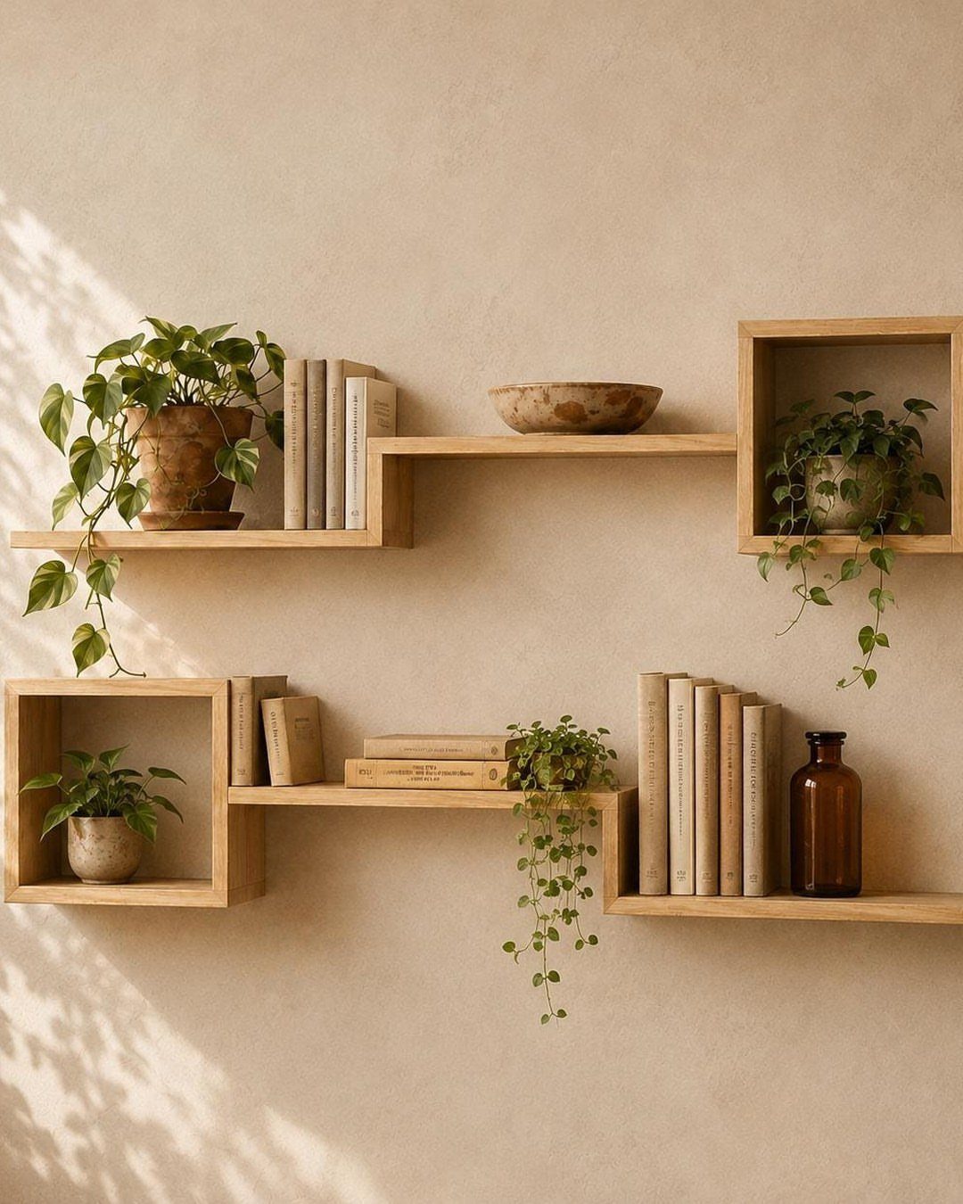 Wooden floating cube shelves and planks with books and trailing green plants.