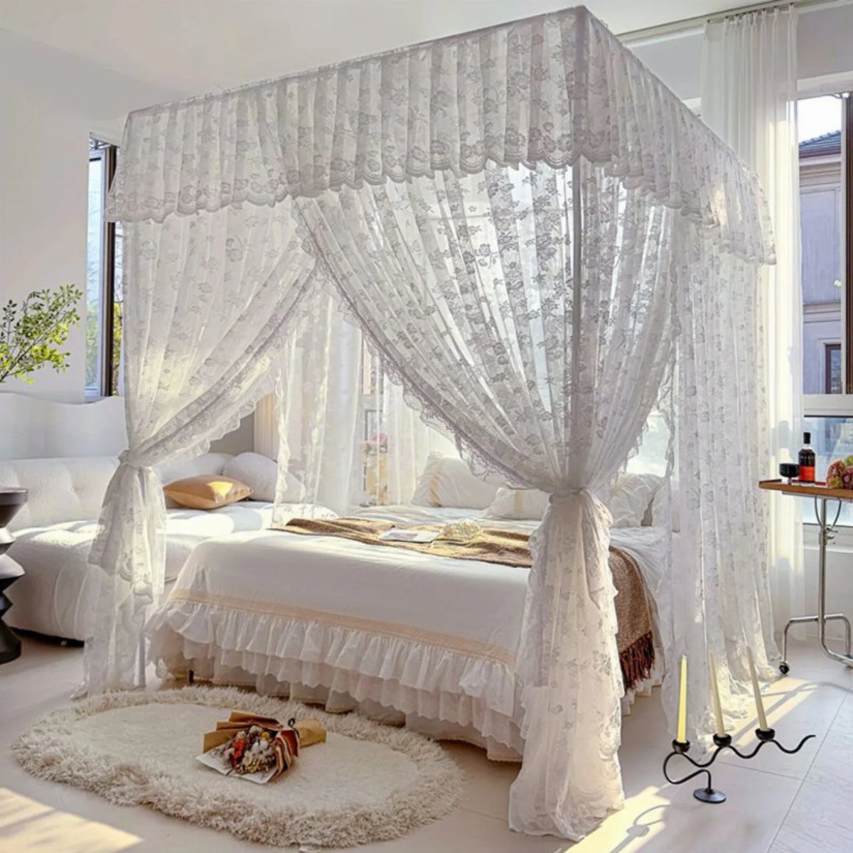 Master Bedroom Interior Design: 16 Ideas for a Better Space 15 White bed with sheer lace curtains draped around it in a bright bedroom