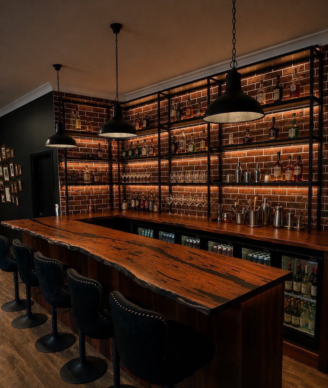 Live Wood Furniture in 31 Styles, from River Tables to Desks 15 Live edge black walnut bar top with black stools in a brick-walled bar.